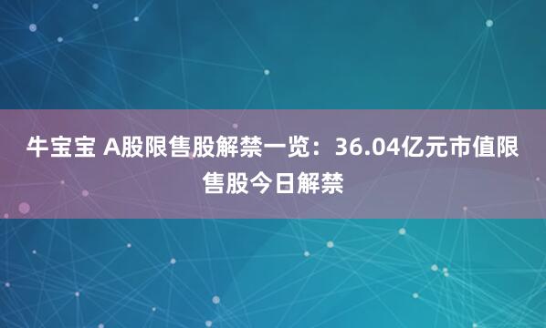 牛宝宝 A股限售股解禁一览：36.04亿元市值限售股今日解禁